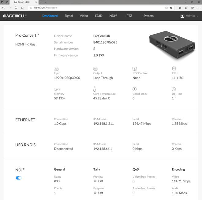 Magewell Pro Convert NDI web interface