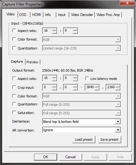 Magewell Pro Capture properties panel (4K)