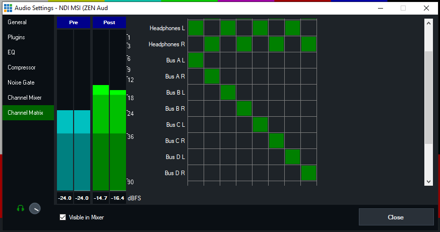 Showing the Audio Channel Matrix with multiple NDI input channels