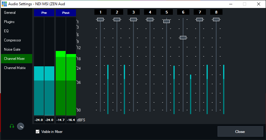 Showing the Audio Channel Mixer with multiple NDI input channels